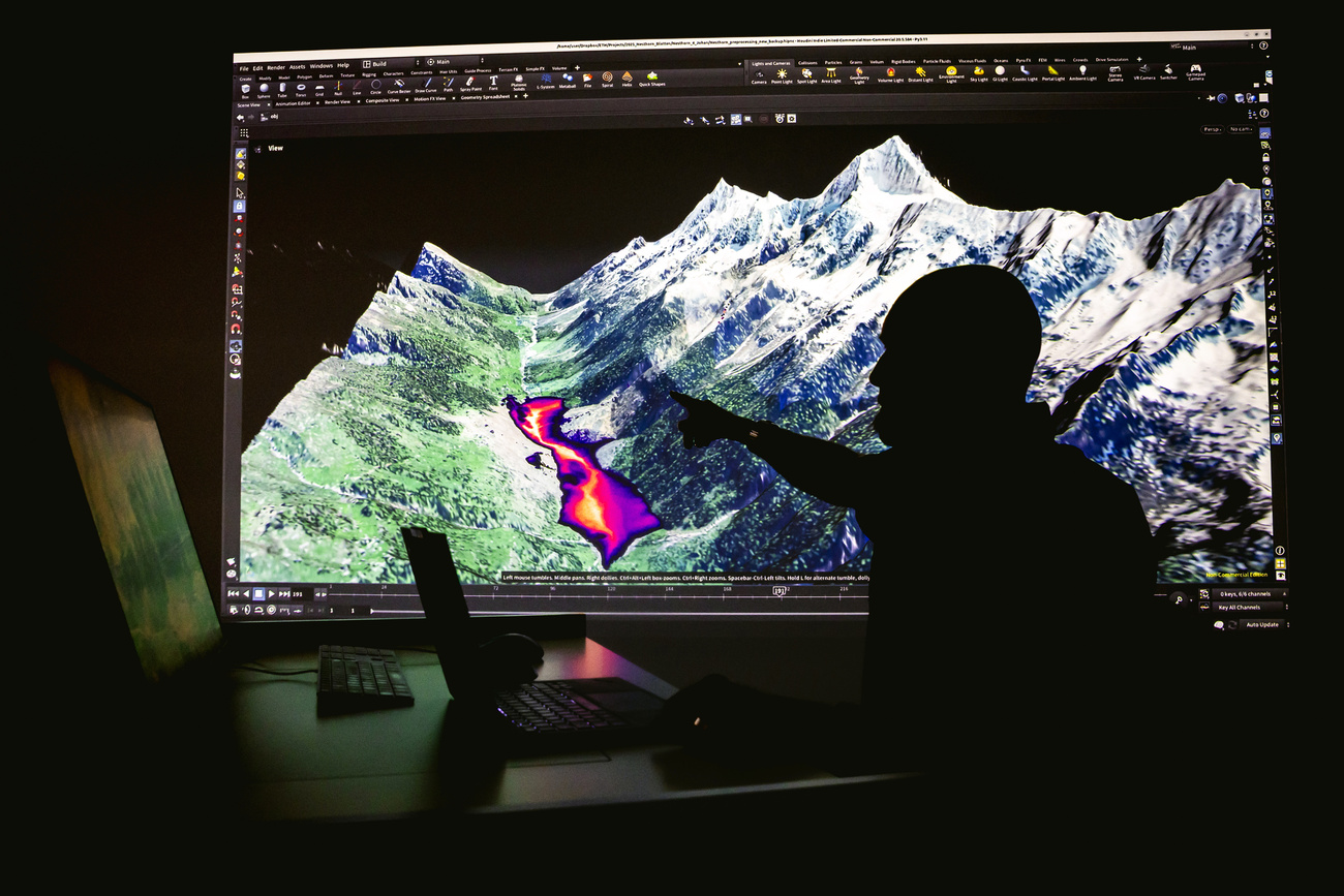 Johan Gaume, a researcher at the Swiss Federal Institute of Technology Zurich (ETH) and the SLF, demonstrates his 3D model to predict landslides.