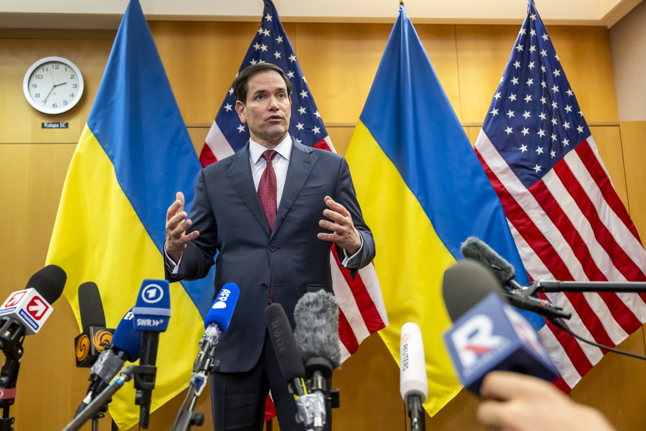 US Secretary of state Marco Rubio, talks to the press at the end of their consultations on the Trump peace plan at the US Mission in Geneva, Switzerland, Sunday, November 23, 2025. The United States and Ukraine are meeting in Geneva to discuss the American president's peace plan aimed at ending the war with Russia. (KEYSTONE/Martial Trezzini)