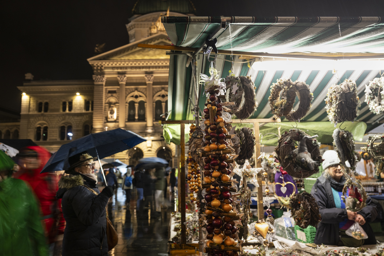 Persona con ombrello osserva bancarella con cipolle intrecciate.. Palazzo federale sullo sfondo