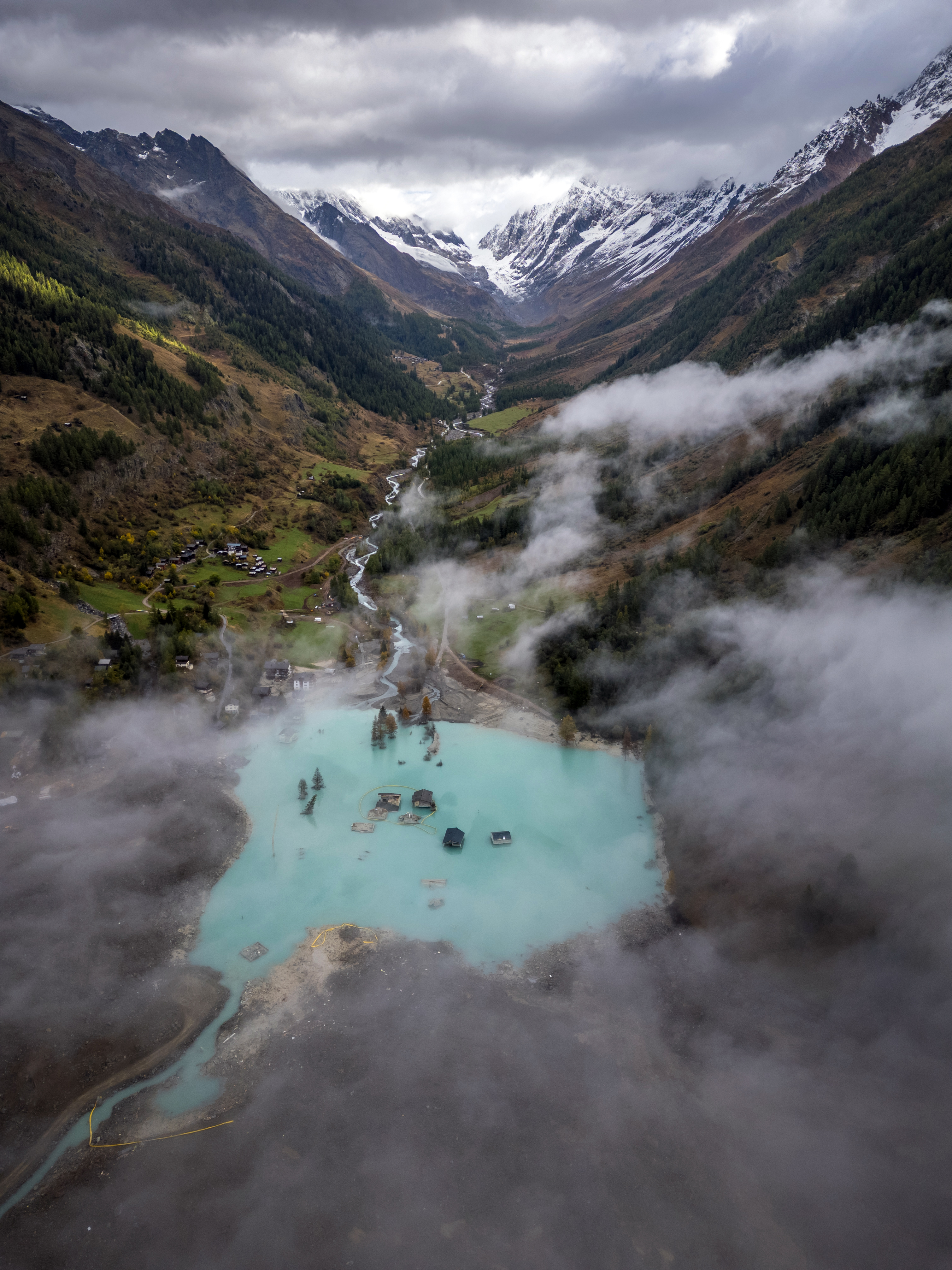 The partly flooded village of Blatten, Switzerland, after a landslide submerged it.