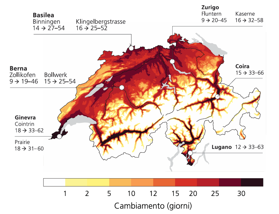 Variazione prevista del numero di giorni all'anno con temperature di almeno 30°C. Sono indicati i valori medi misurati nel periodo di riferimento 1991-2020 e il possibile intervallo in un pianeta più caldo di 3°C.