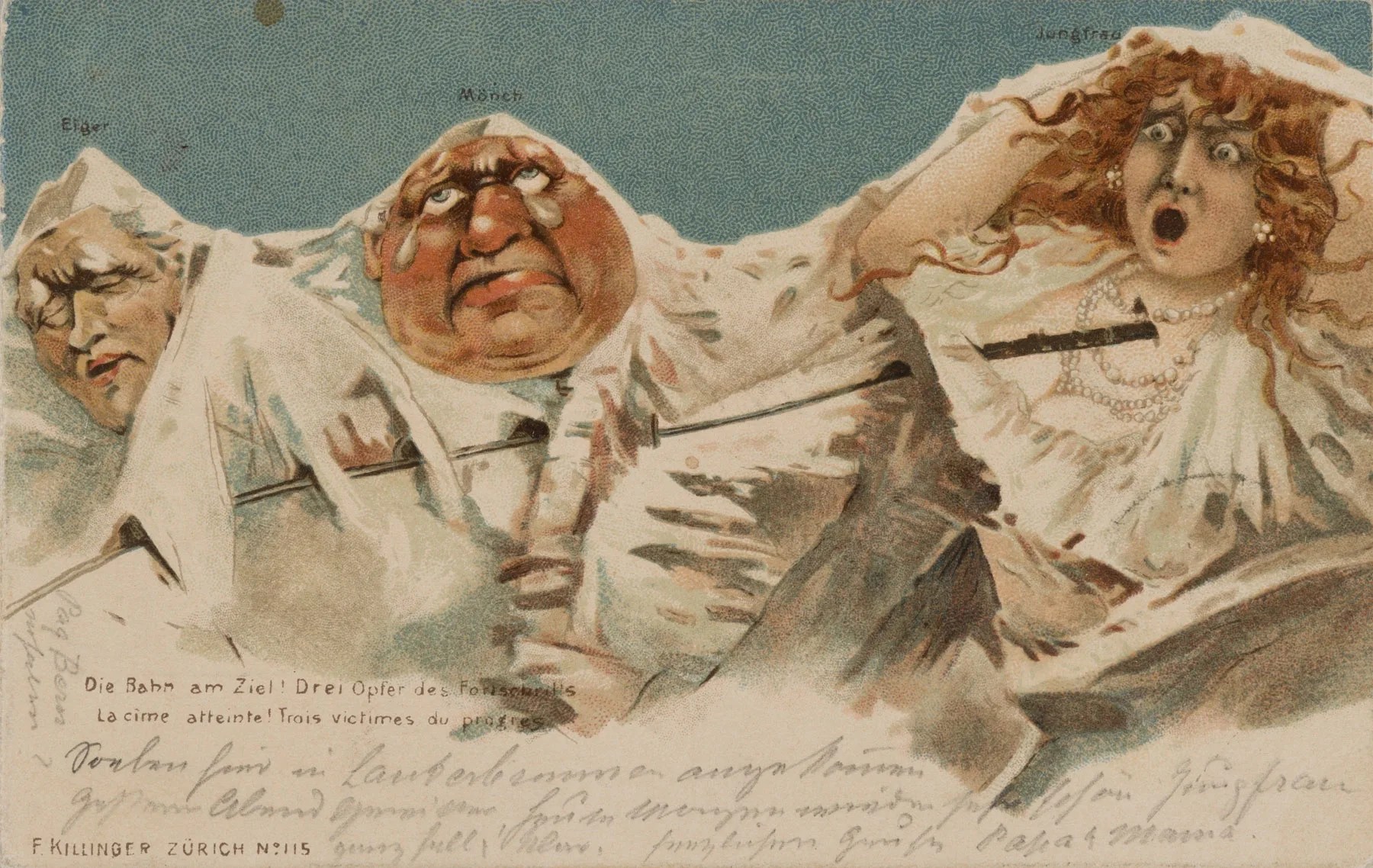 Drei Berge mit GEsichtern, die in einer Karikatur darunter leiden, dass sie mit Tunneln durchstochen und einer Bahn befahren werden