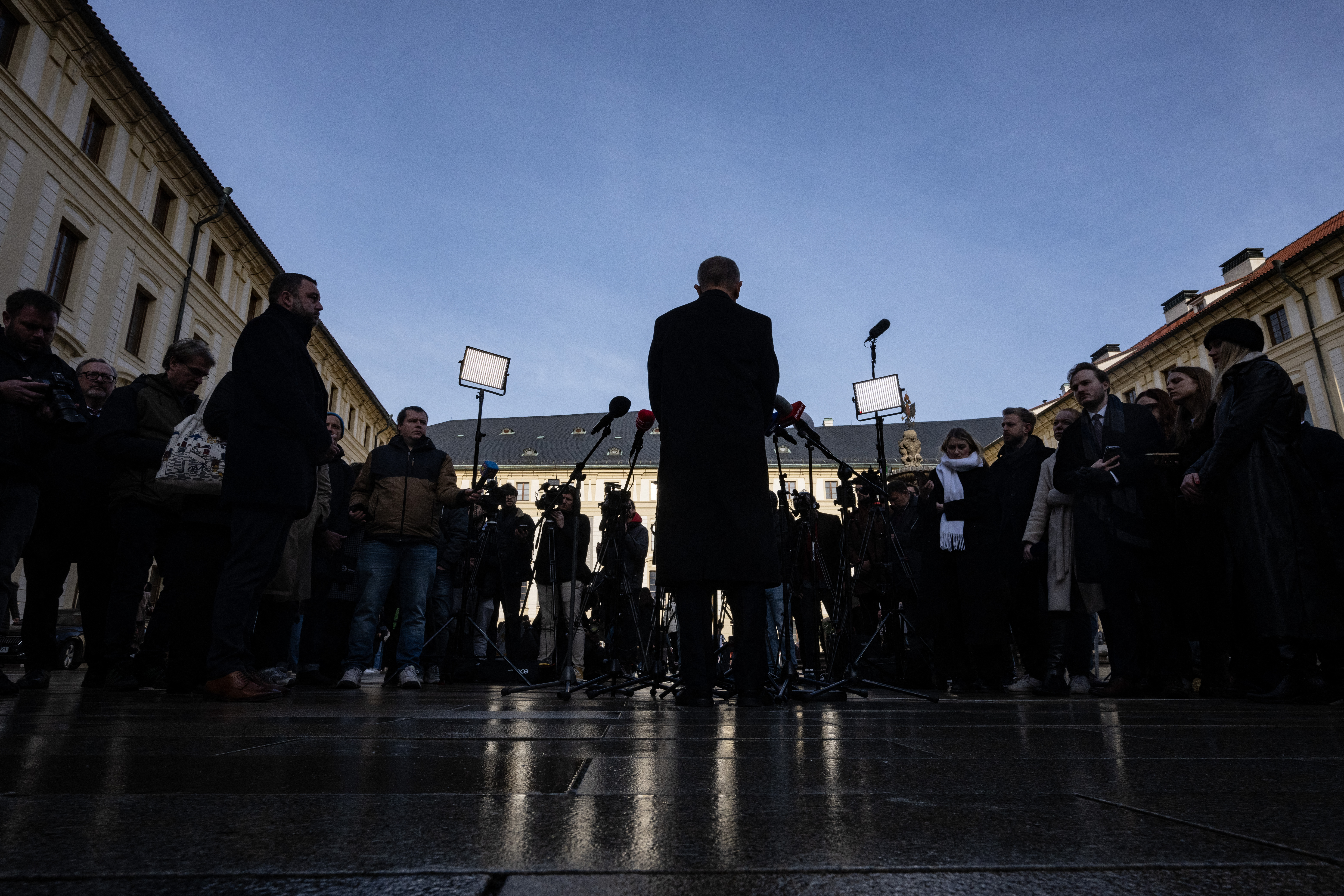 ANO ('Yes') party leader Andrej Babis speaks to the media after he was appointed Czech Prime Minister by Czech President on December 9, 2025, at the Prague Castle in Prague, Czech Republic.