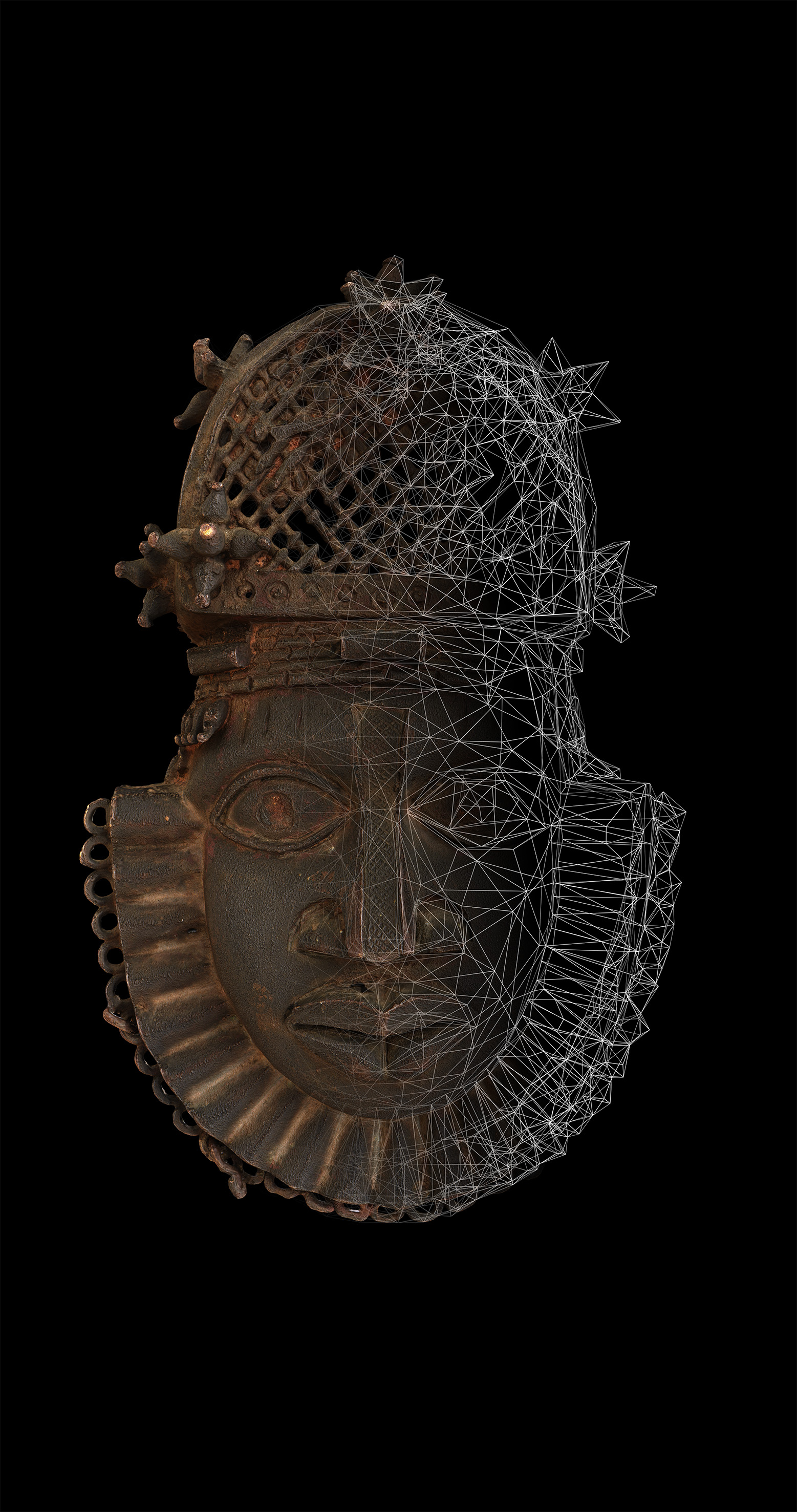 Visualization of the digital processing by means of polygon reduction of a belt mask from the Benin bronzes collection of the Museum Rietberg, Zurich.