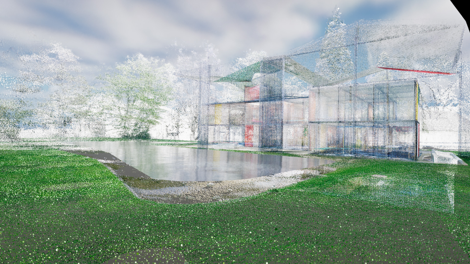 In a VR experience, visitors can walk through a digital reconstruction of the Pavillon Le Corbusier, which was captured using a point cloud scan.