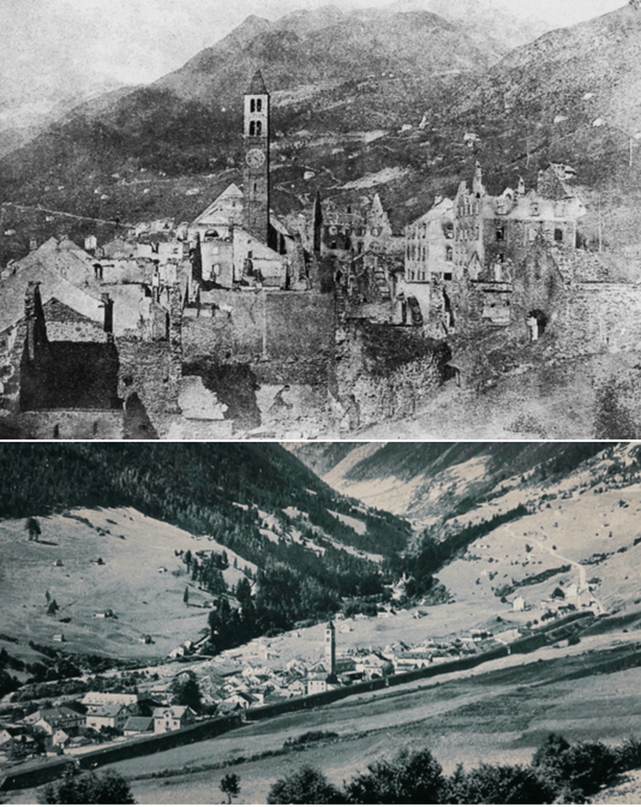 Airolo dopo l’incendio del 1877 e dopo la ricostruzione in una cartolina di inizio Novecento