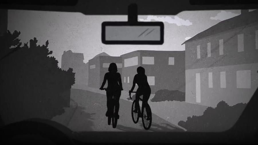 illustrazione in bianco e nero: due donne in bicicletta viste dal punto di vista di una persona al volante de un'auto