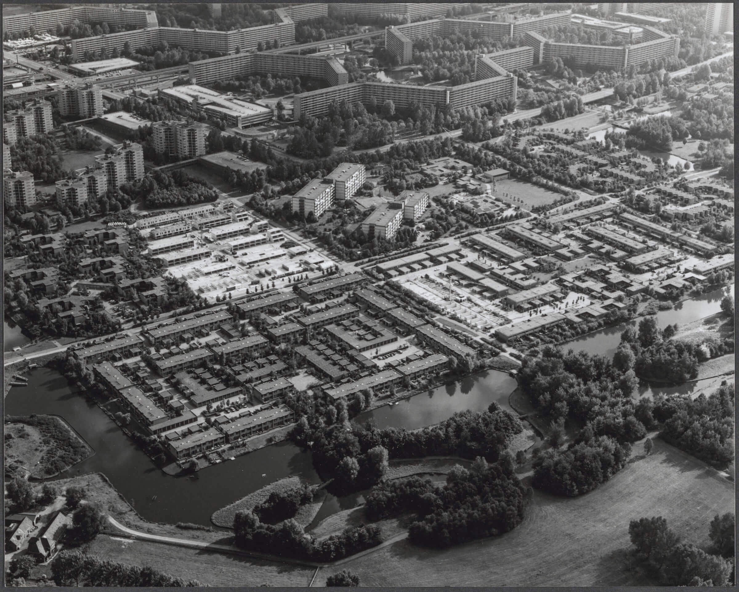 Aerial view of Bijlmermeer landscaping, Amsterdam.