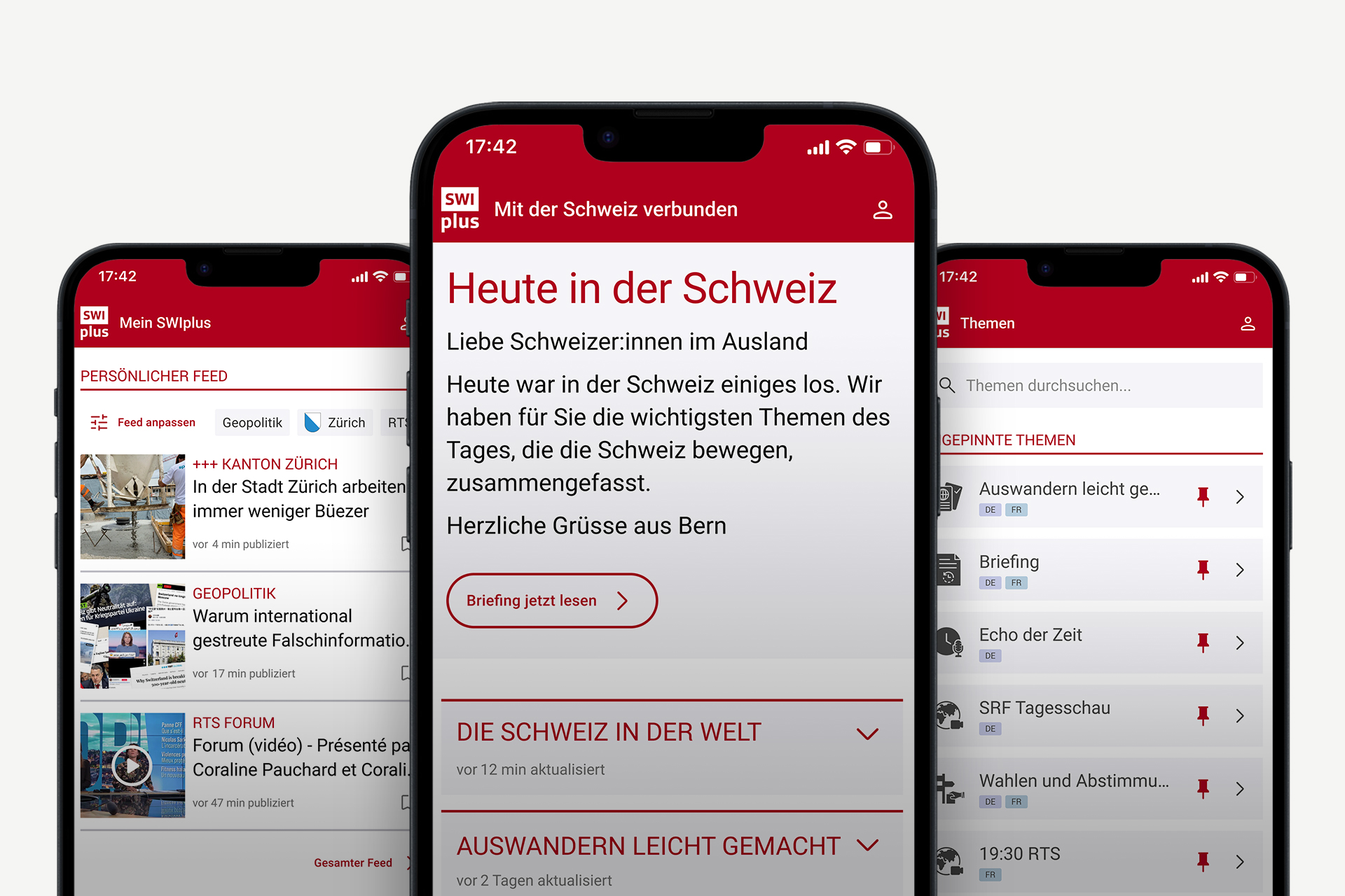 SWIplus App: Ihre Verbindung zur Schweiz. Drei Bildschirme der App mit den wichtigsten und relevantesten Informationen und Nachrichten aus der Schweiz.