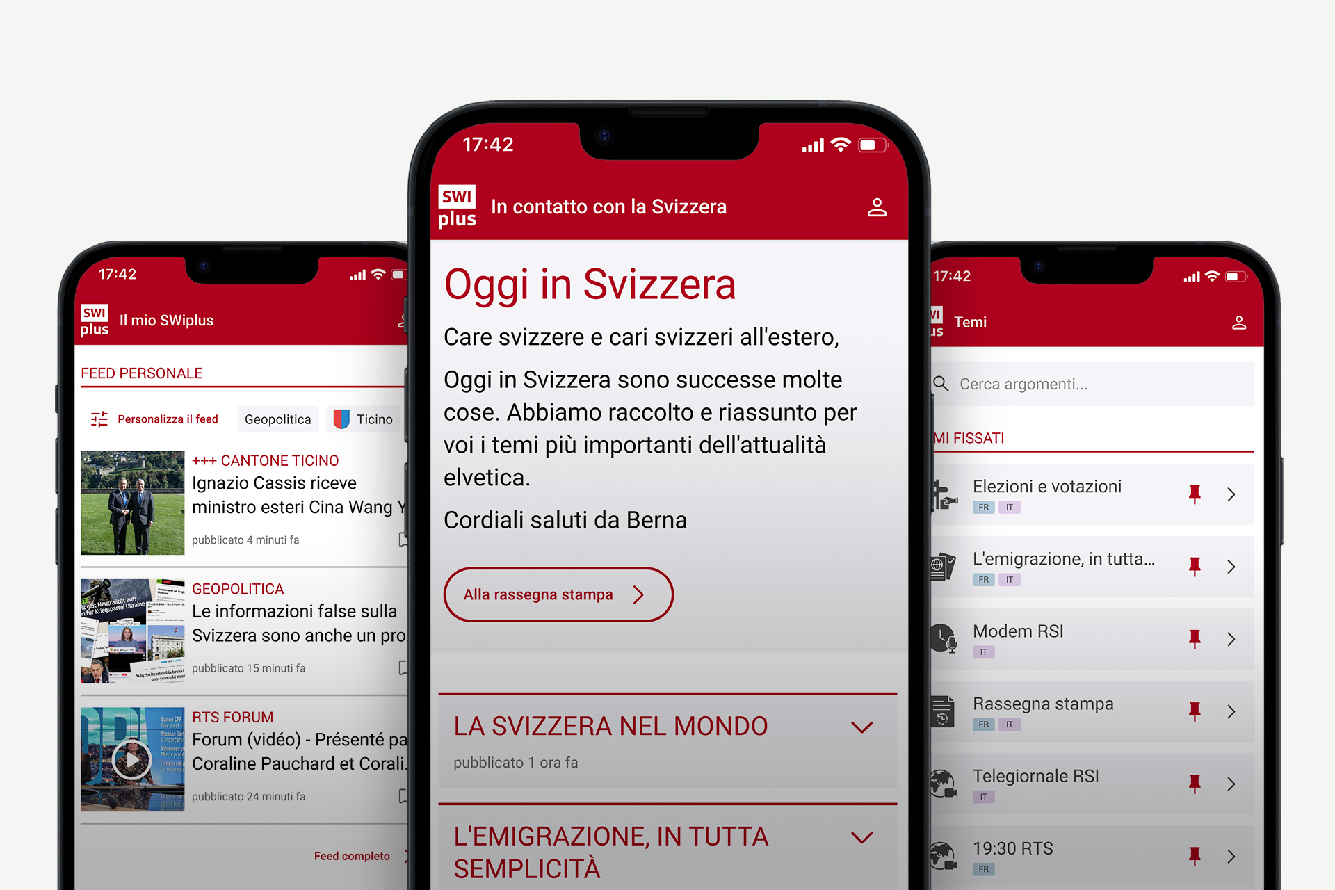 App SWIplus: il vostro collegamento con la Svizzera. Tre schermate dell'app con le informazioni e le notizie più importanti e rilevanti dalla Svizzera.
