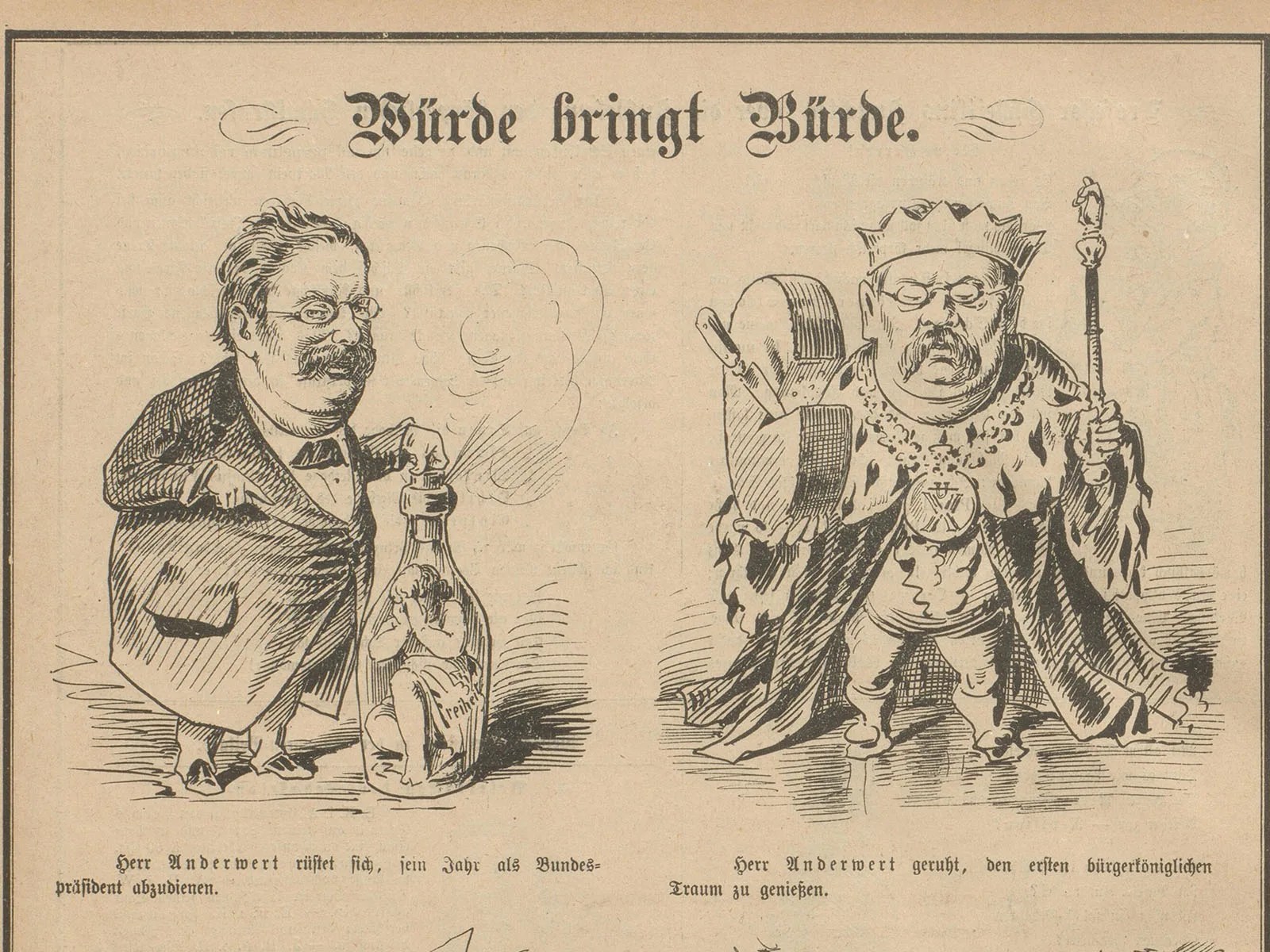 Zwei diffamierende Illustrationen eines Manns von 1880