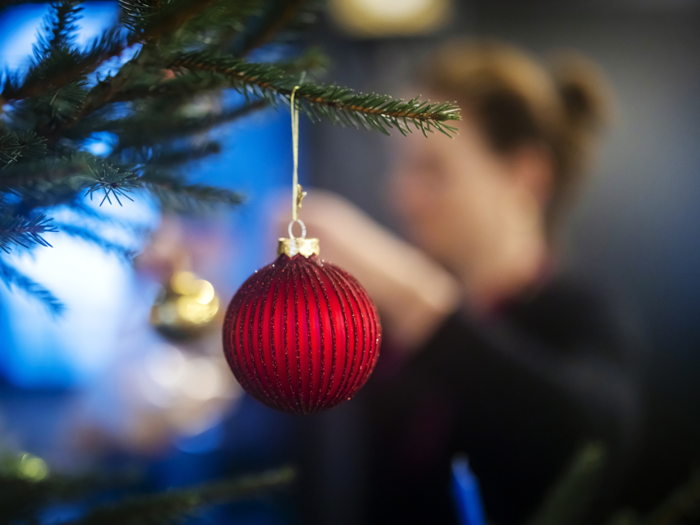 pallina rossa di natale su un ramo di albero di natale