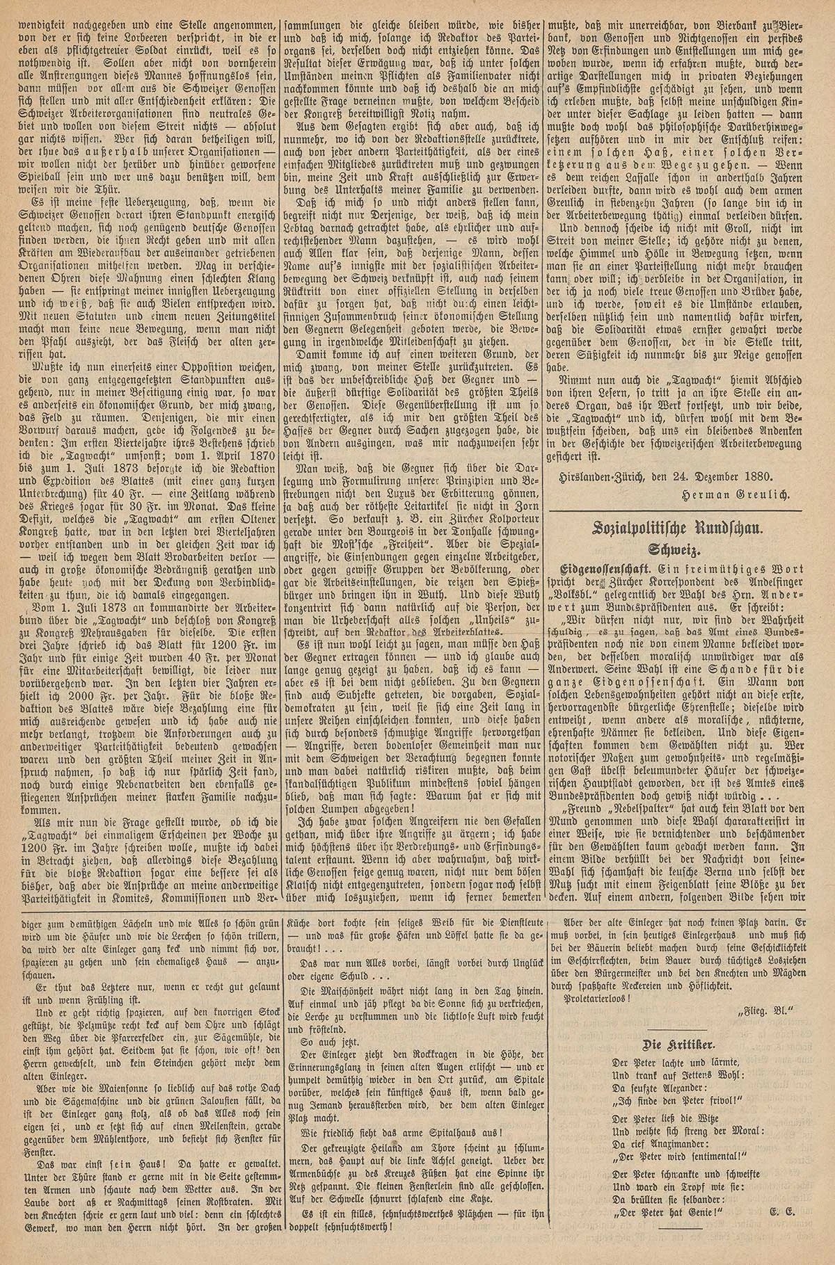 Tagwacht-Zeitung vom 25. Dezember 1880.