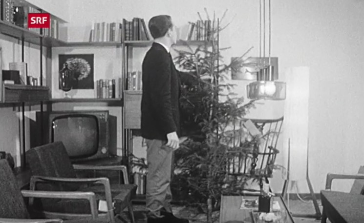 Mann mit Weihnachtsbaum in Wohnung