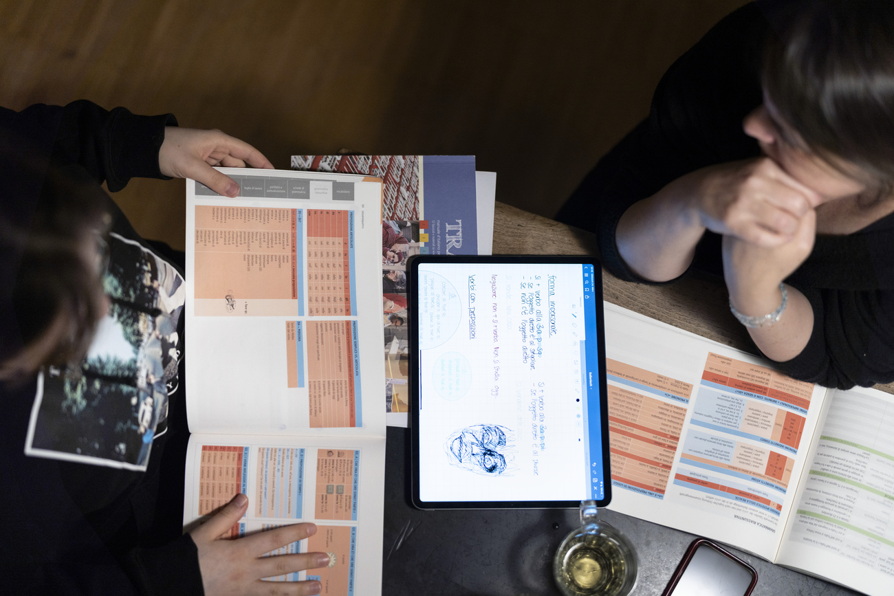 Un tavolo visto dall'alto con libri di italiano.