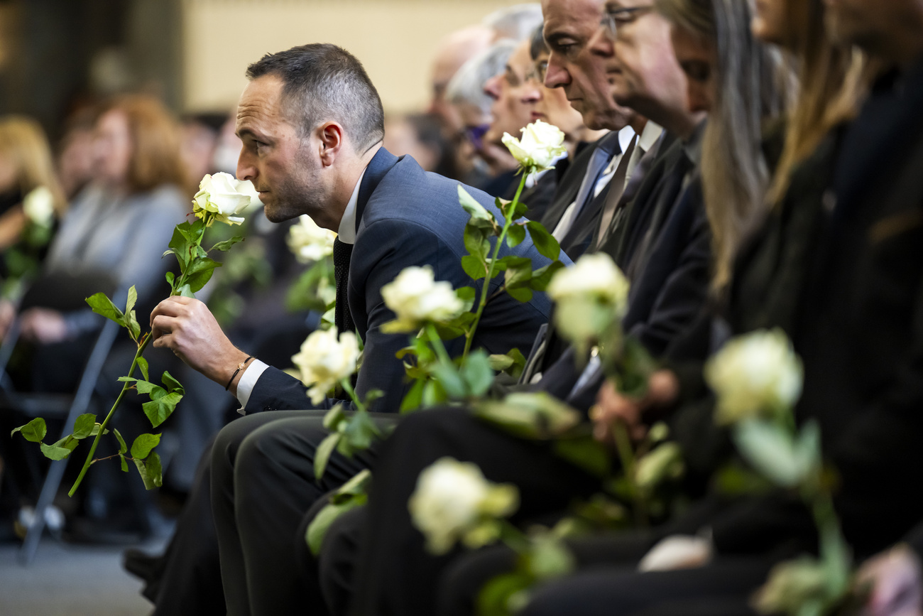 The president of the Valais cantonal government, Mathias Reynard, at the memorial service in Martigny, canton Valais.