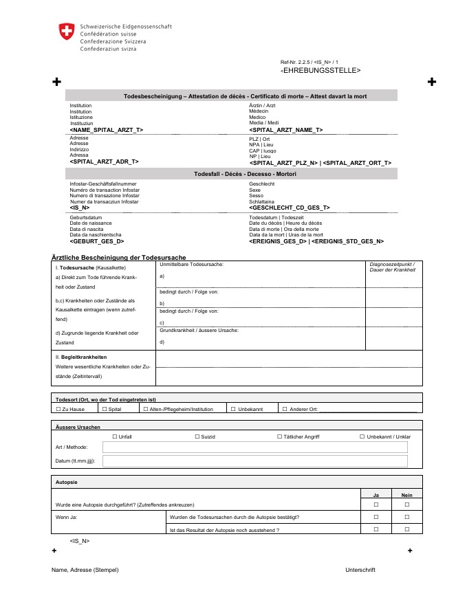 Le certificat de cause de décès utilisé aujourd'hui. L'Office fédéral de la statistique examine actuellement des modifications afin de pouvoir, le cas échéant, publier à l'avenir des chiffres sur le tourisme de la mort.