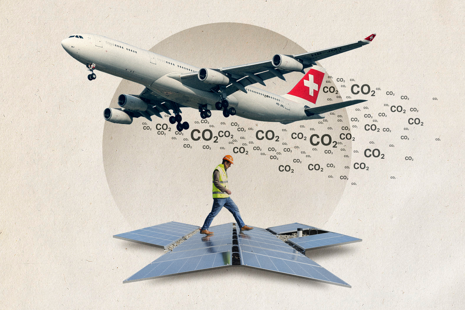 Illustration of an airplane with a Swiss cross emitting CO₂ above a person standing on solar panels, symbolising the climate impact of air travel and the tension between aviation and clean energy.