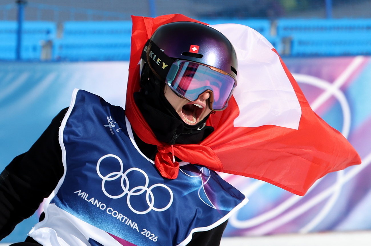 Mathilde Gremaud of Switzerland celebrates winning during the Women's Freeski Slopestyle of the Freestyle Skiing competitions