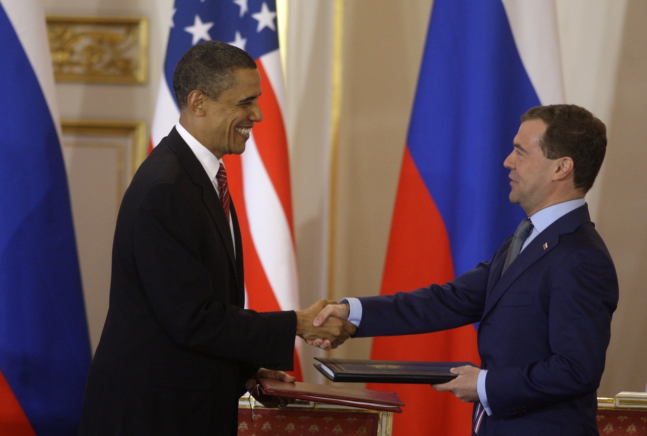 US President Barack Obama (left) and his Russian counterpart Dmitry Medvedev during the signing of the New START treaty on Thursday, 8 April 2010, in Prague.