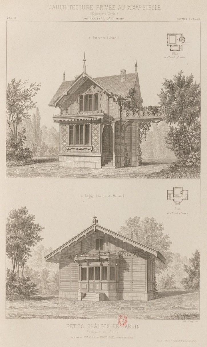 Vue de deux chalets de jardin de la fabrique Waaser et Bougleux, réalisés à Suresnes (Seine) et à Lagny (Seine-et-Marne), dans "Nouvelles maisons de Paris et des environs : architecture privée au XIXᵉ siècle (deuxième série). Vol. 2, Villas, chalets, jardins et leurs dépendances diverses" de César Daly (1872).