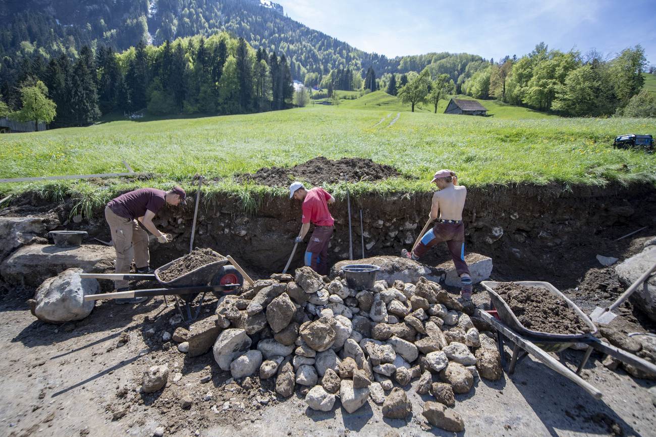 People are carrying out renovation work on drystone walls in the Muota Valley, in the canton of Schwyz, as part of their community service.