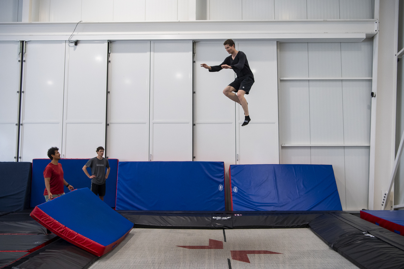 The end of gravity? Sort of – Swiss Olympic snowboard champion Iouri Podladtchikov training on a trampoline in 2020.