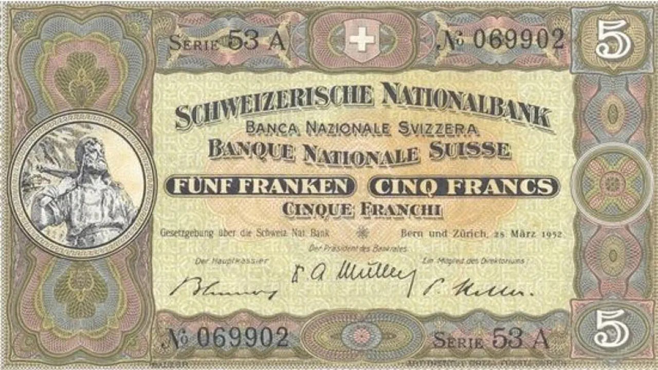 À l'époque, la pièce de 5 francs était thésaurisée en cas de guerre ou de crise grave, ce qui la retirait en grande partie de la circulation. C'est pourquoi la BNS a émis ce billet de 5 francs. Il fait partie de la deuxième série de billets de banque, mise en circulation pour la première fois entre 1911 et 1914.