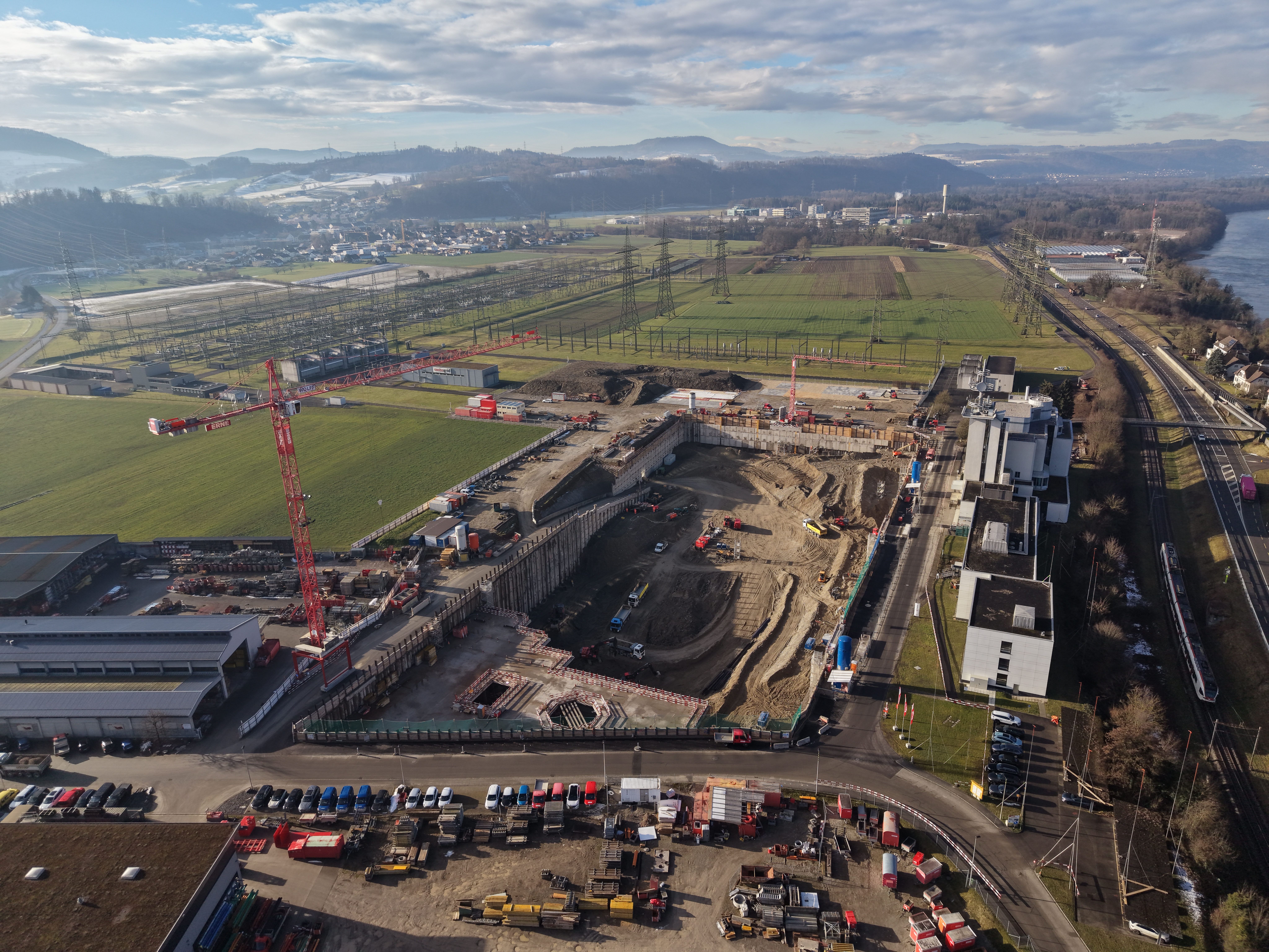 An aerial view of the ongoing construction work on the world's largest redox-flow battery storage system in Laufenburg, canton Aargau.