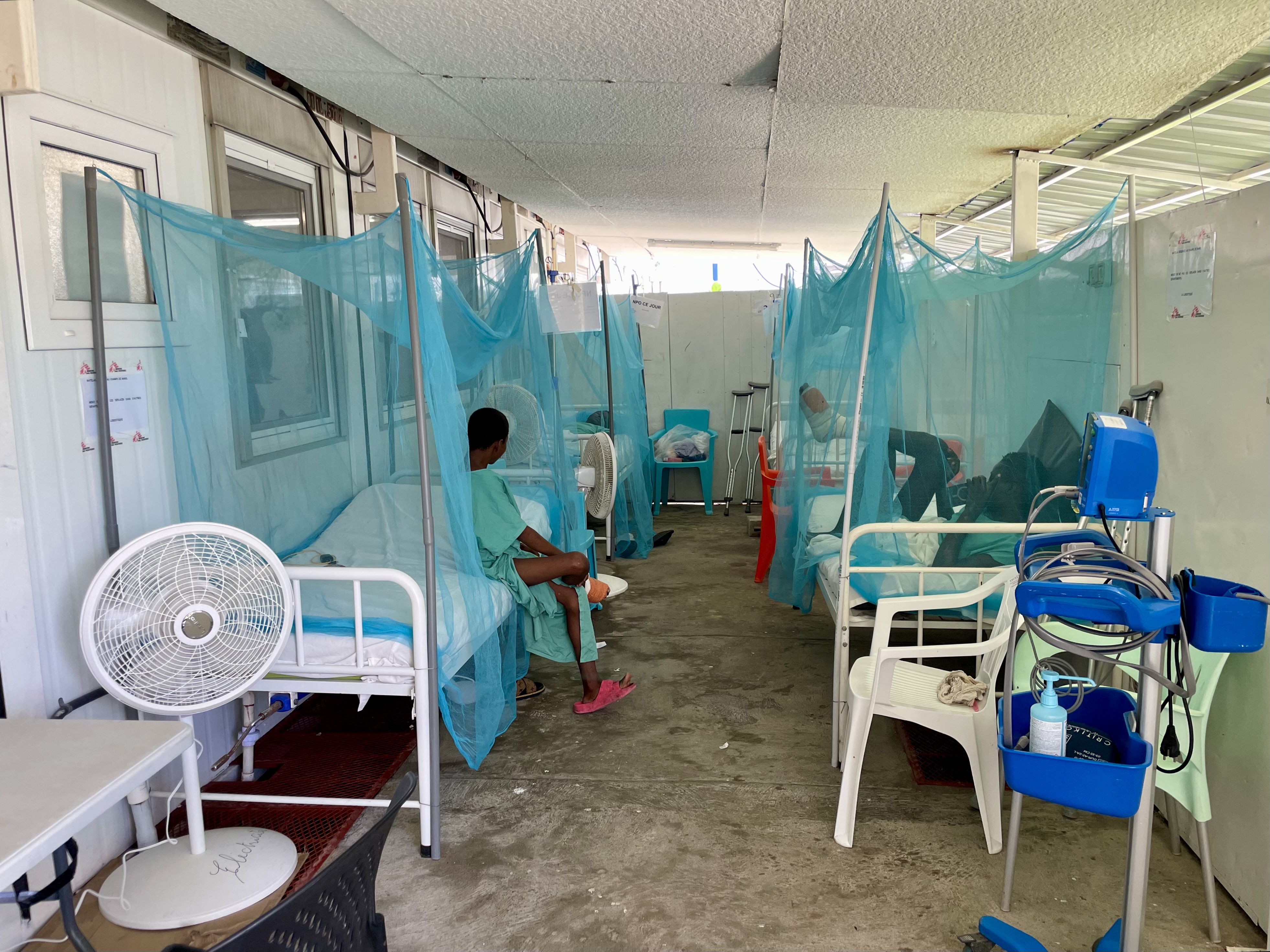 Makeshift beds in hospital corridor in Haiti