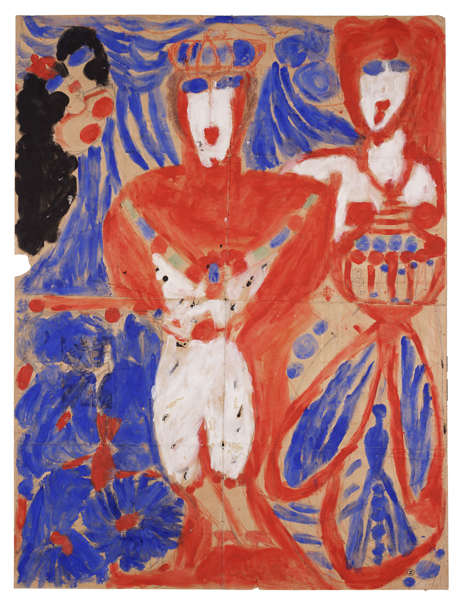 In starken Farben malt Corbaz Paare im Liebesglück. Nach einer enttäuschenden Liebeserfahrung war sie einst als Gouvernante am Hof von Kaiser Wilhelm II. in Preussen und entwickelte eine fantasierte Liebesbeziehung zu ihm. (Bild: ohne Titel [Couple princier], ca. 1947).