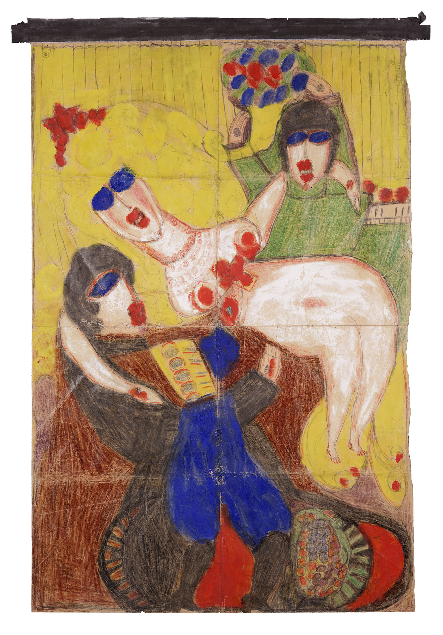 Nach Ausbruch des Ersten Weltkriegs musste sie in die Schweiz zurückkehren, wo ihre stark ausgeprägten religiösen und pazifistischen Gefühle 1918 zur Einweisung in psychiatrische Kliniken führten. Dort begann sie, zu zeichnen und zu schreiben. (Bild: ohne Titel [Enlèvement d’une mariée de Gaule], zwischen 1946 und 1947).