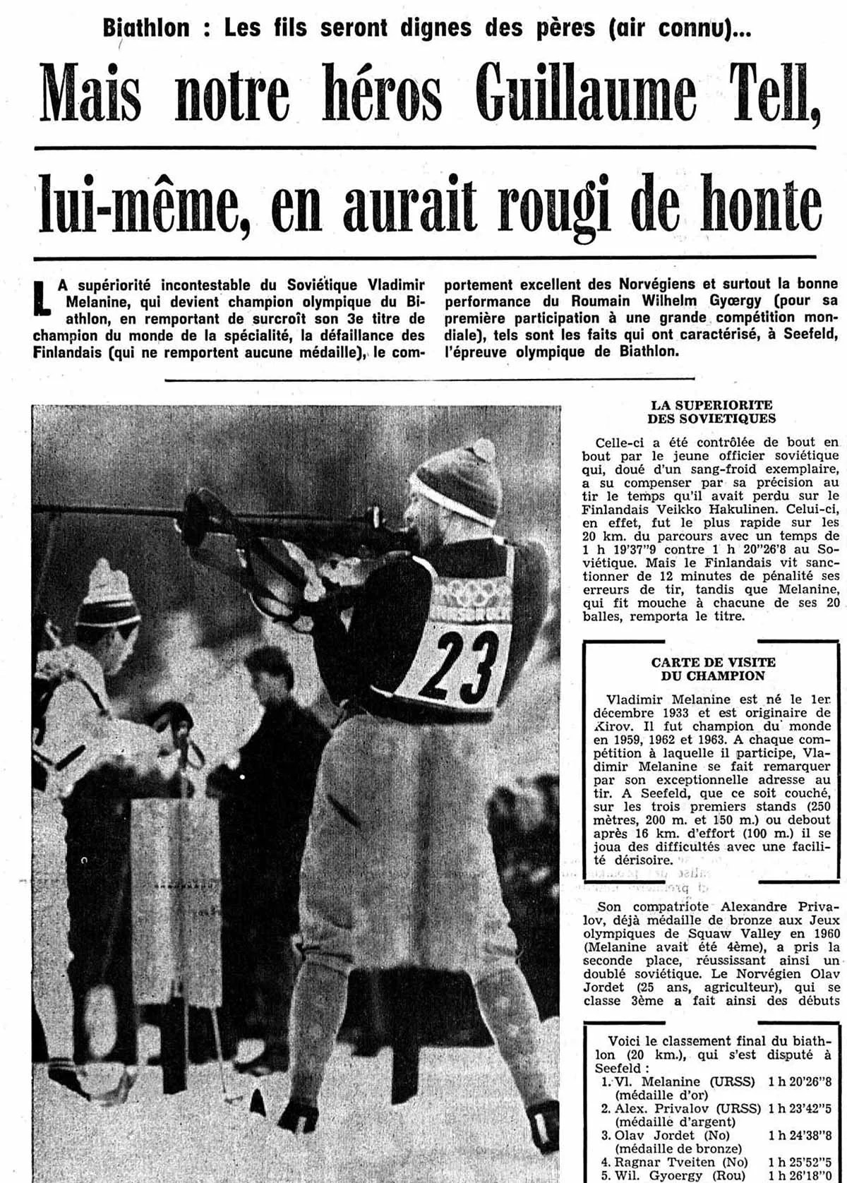 Article de journal sur la déroute du biathlon suisse en 1964
