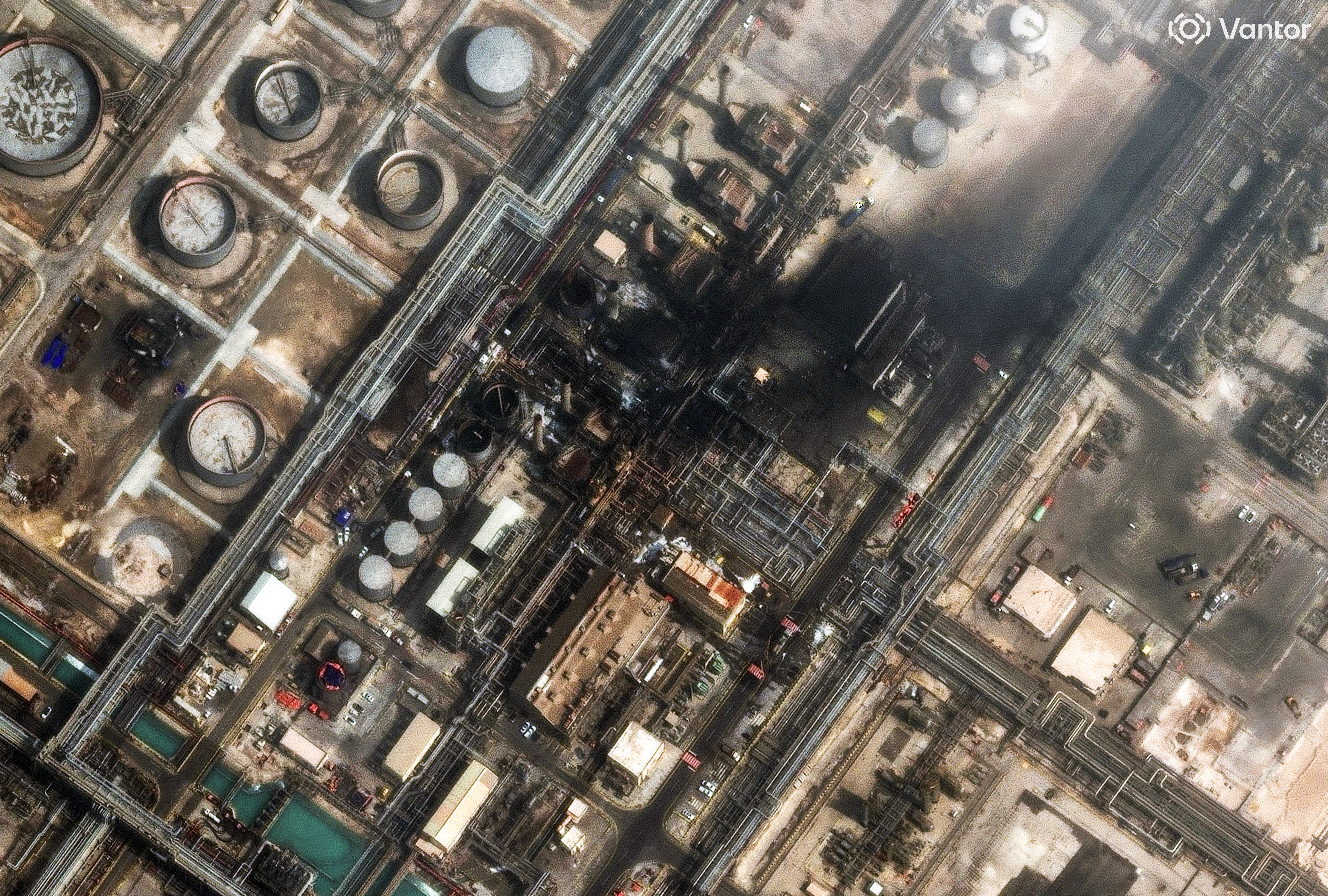 Satellite image of burning refinery