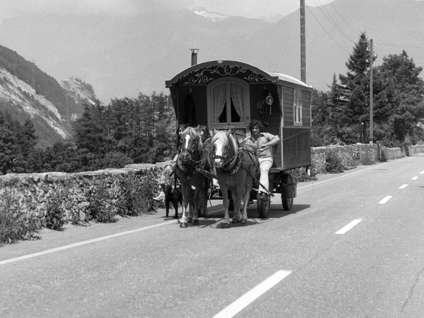 Horse drawn caravan on the road
