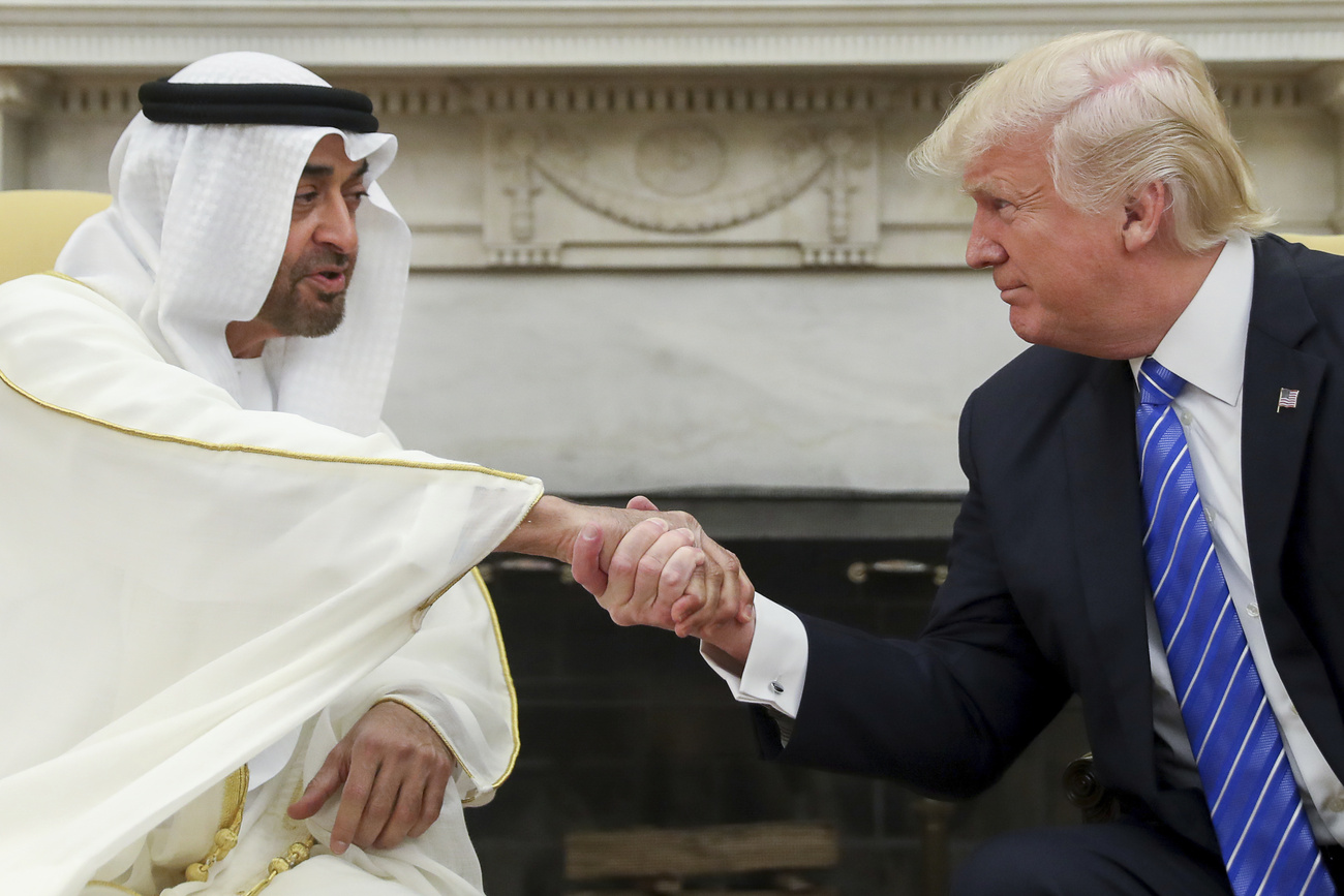 صورة أرشيفية: دونالد ترامب يصافح محمد بن زايد في البيت الأبيض، واشنطن، 15 مايو 2017.