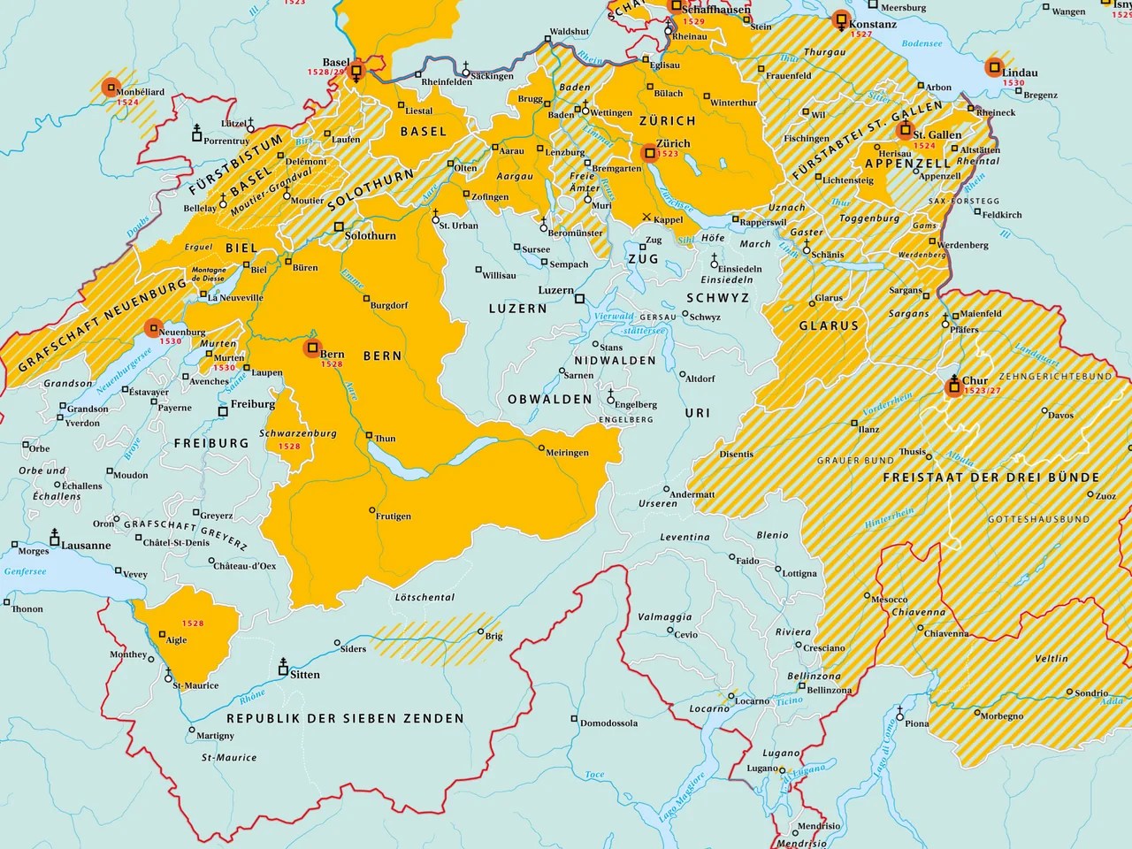 Die Eidgenossenschaft war 1530 gespalten in reformierte (gelb), katholische (blau) und gemischte Gebiete.