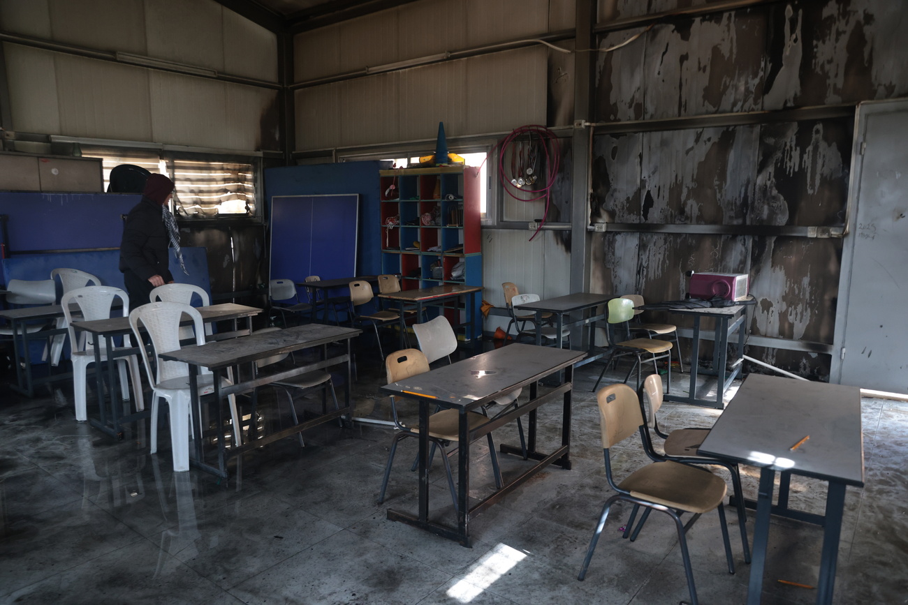 The damaged interior of a secondary school classroom in the village of Jalud, south of Nablus, following an attack by Israeli settlers, 09 January 2026. Israeli settlers attacked the school at dawn on Friday, setting fire to a classroom and spraying racist and hostile slogans on its walls, causing extensive material damage to the school's facilities, according to Wafa news agency.