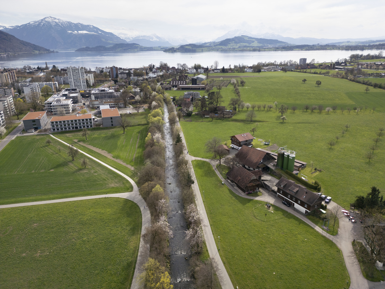 Pianura verde e case, lago sullo sfondo