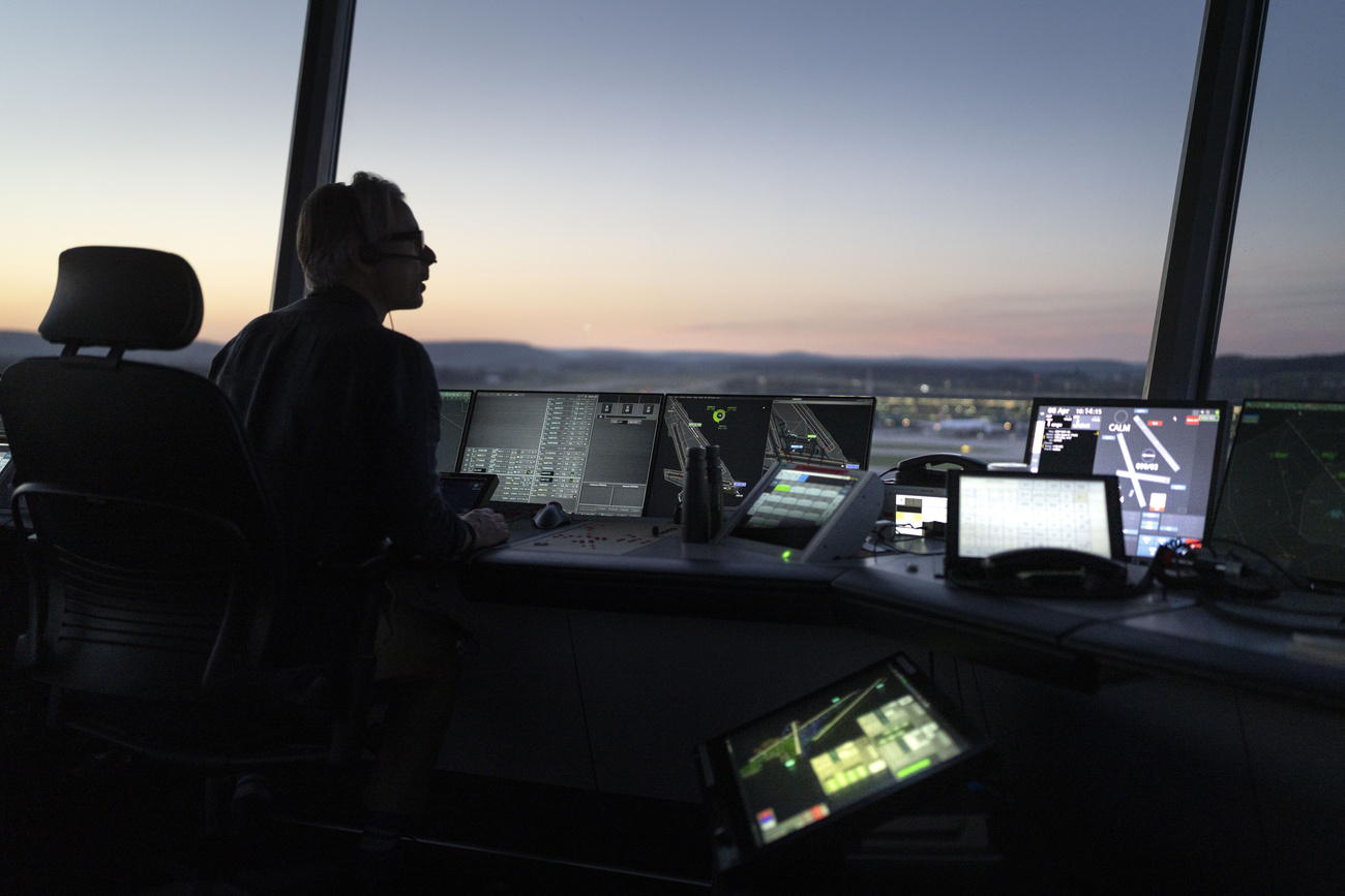 A Skyguide employee in the tower at Zurich Airport.