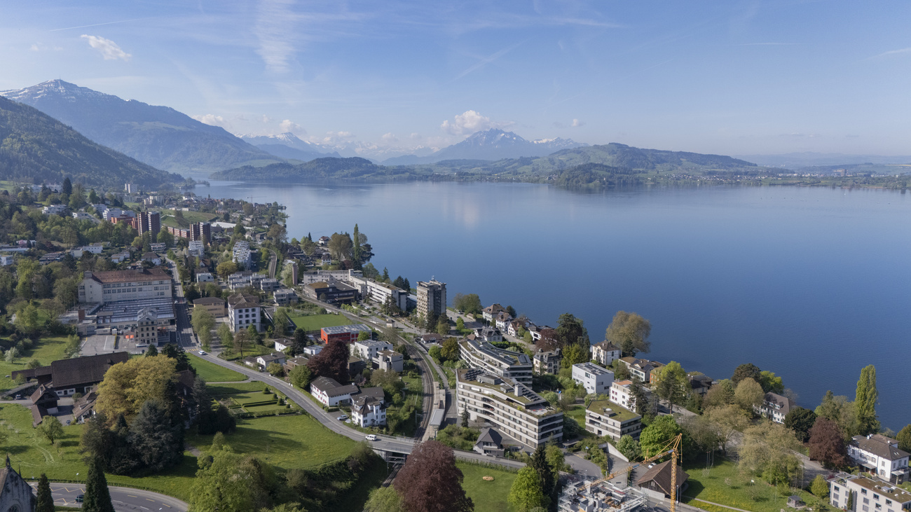 city overlooking lake