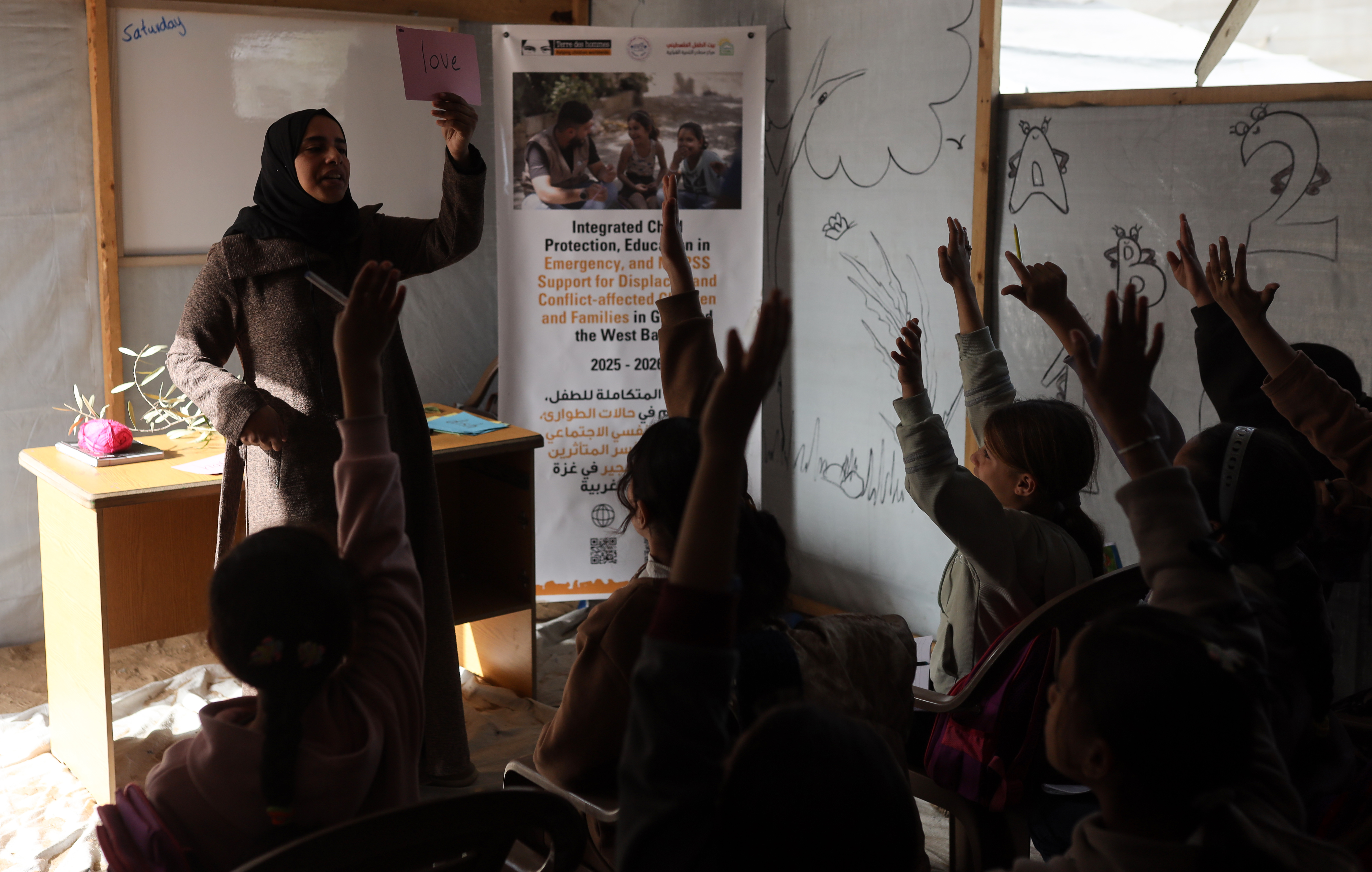 Inside one of Terre des Hommes' temporary learning spaces in Al-Fajr camp, Al-Mawasi, Khan Younis, earlier