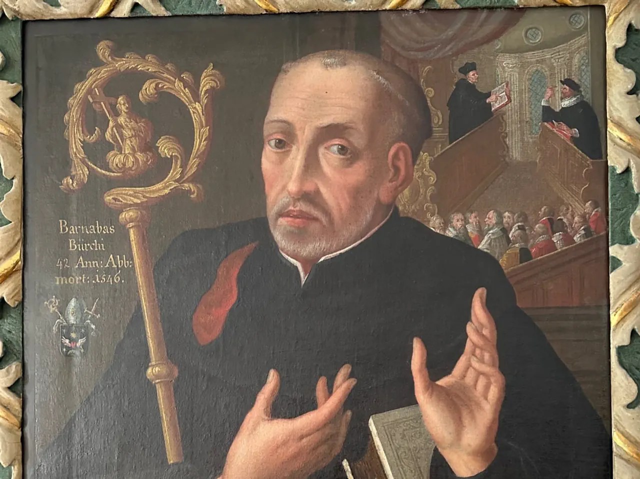 Auf dem Porträt des Abts Barnabas Bürki des Klosters Engelberg findet sich die älteste bekannte Darstellung der Badener Disputation