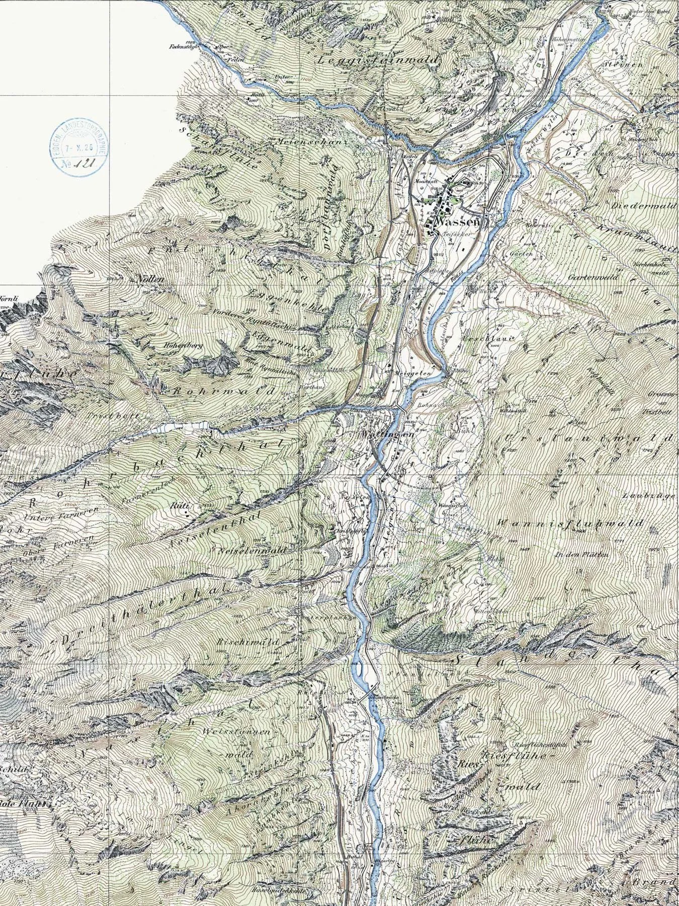 Das selbe Blatt 1921. Meist wurden zunächst die strategisch besonders wichtigen Täler erfasst, bevor sich die Vermessungsarbeit ins Hochgebirge verlagerte.