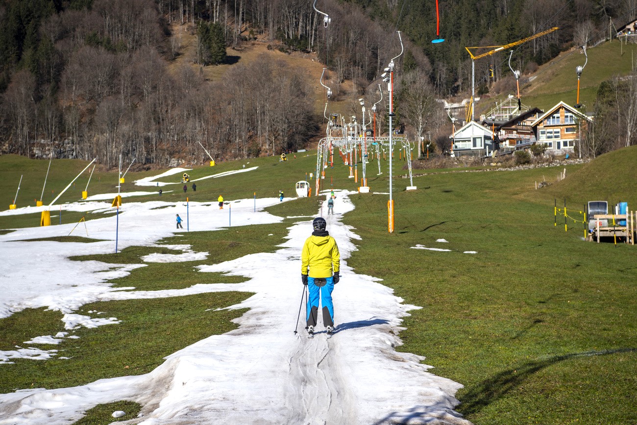 skiers using a ski lift on a strip of snow on green fields.
