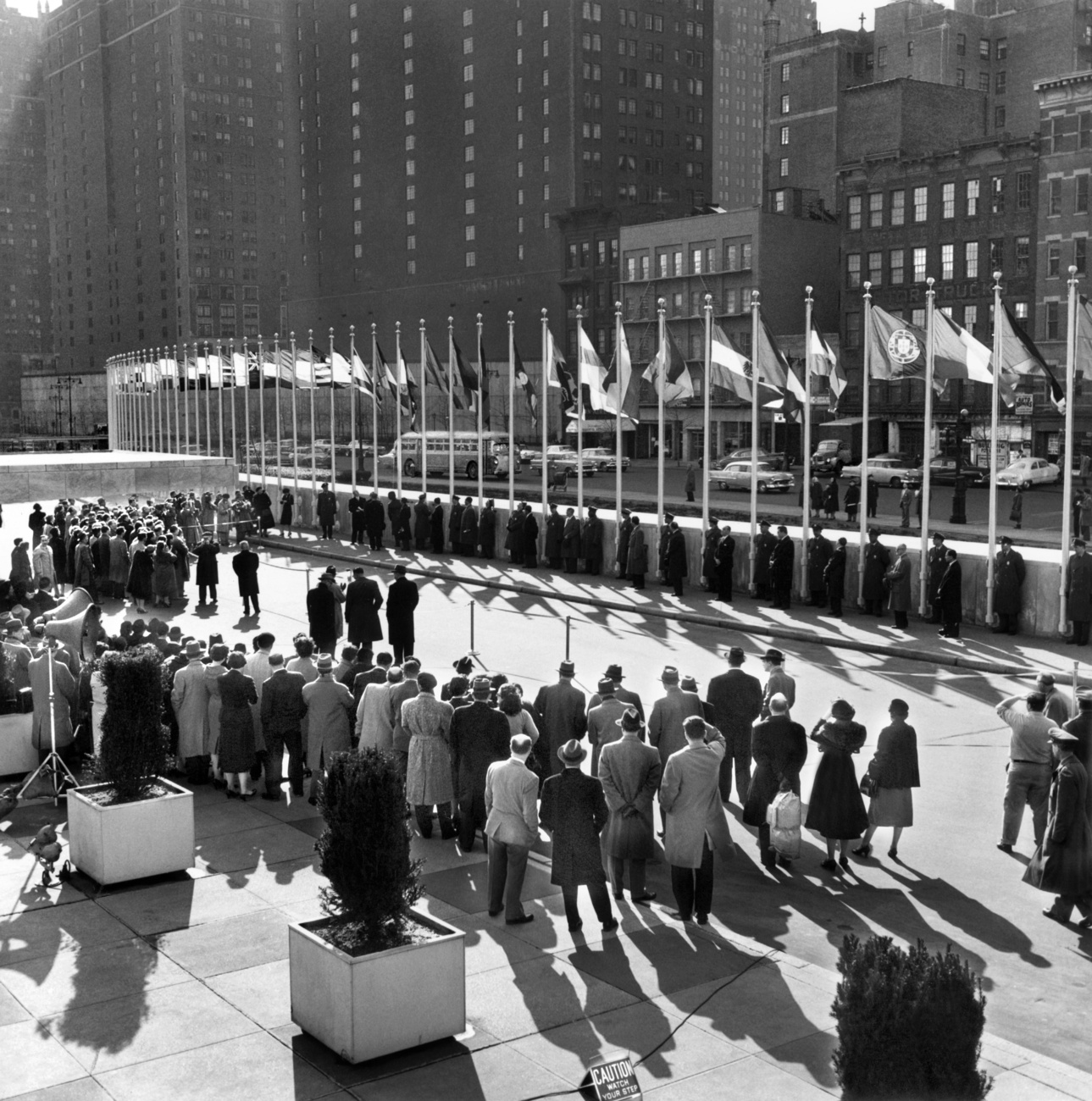 A large crowd gathers in front of flagpoles