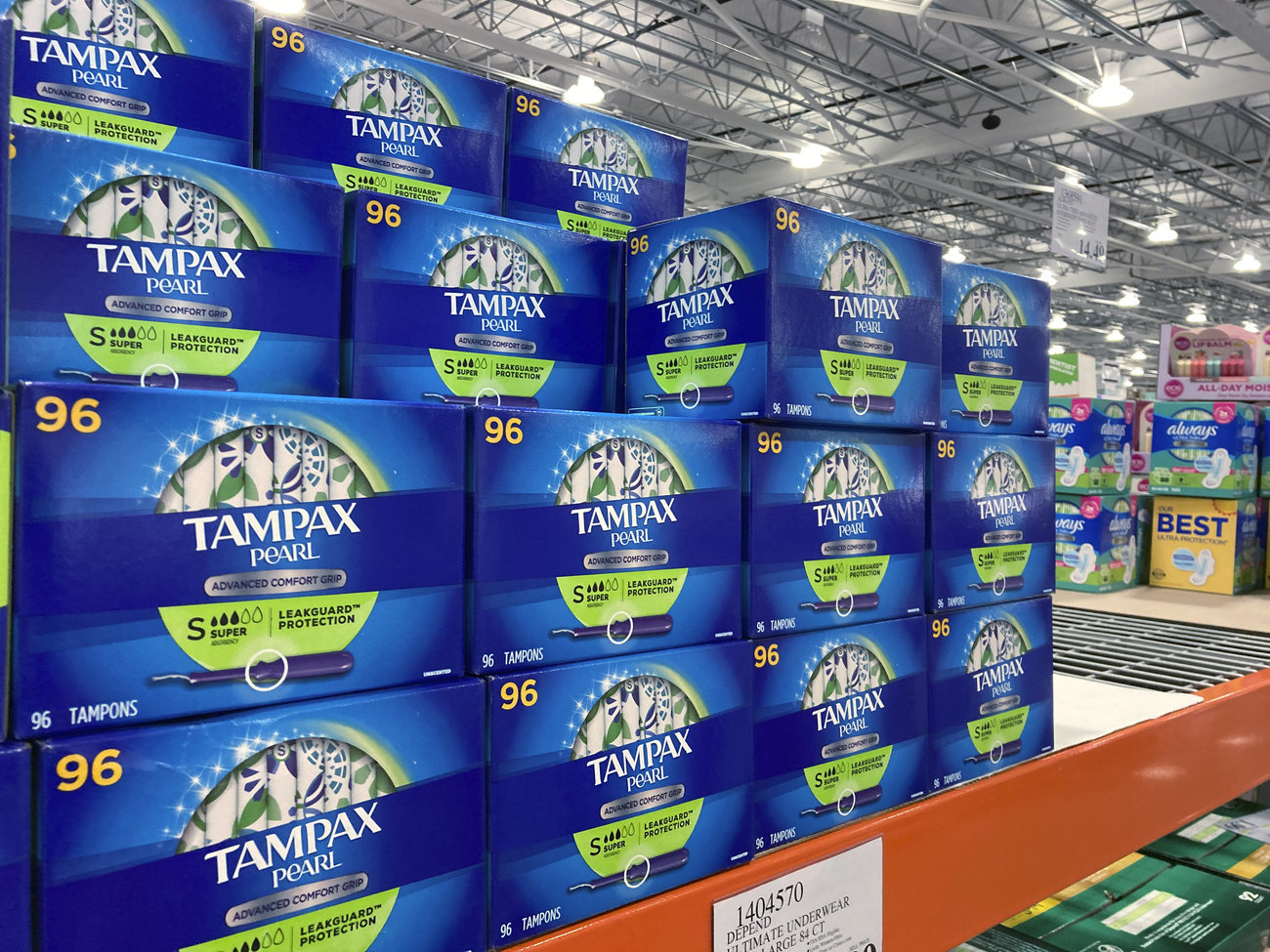 Tampax tampon products on a supermarket shelf