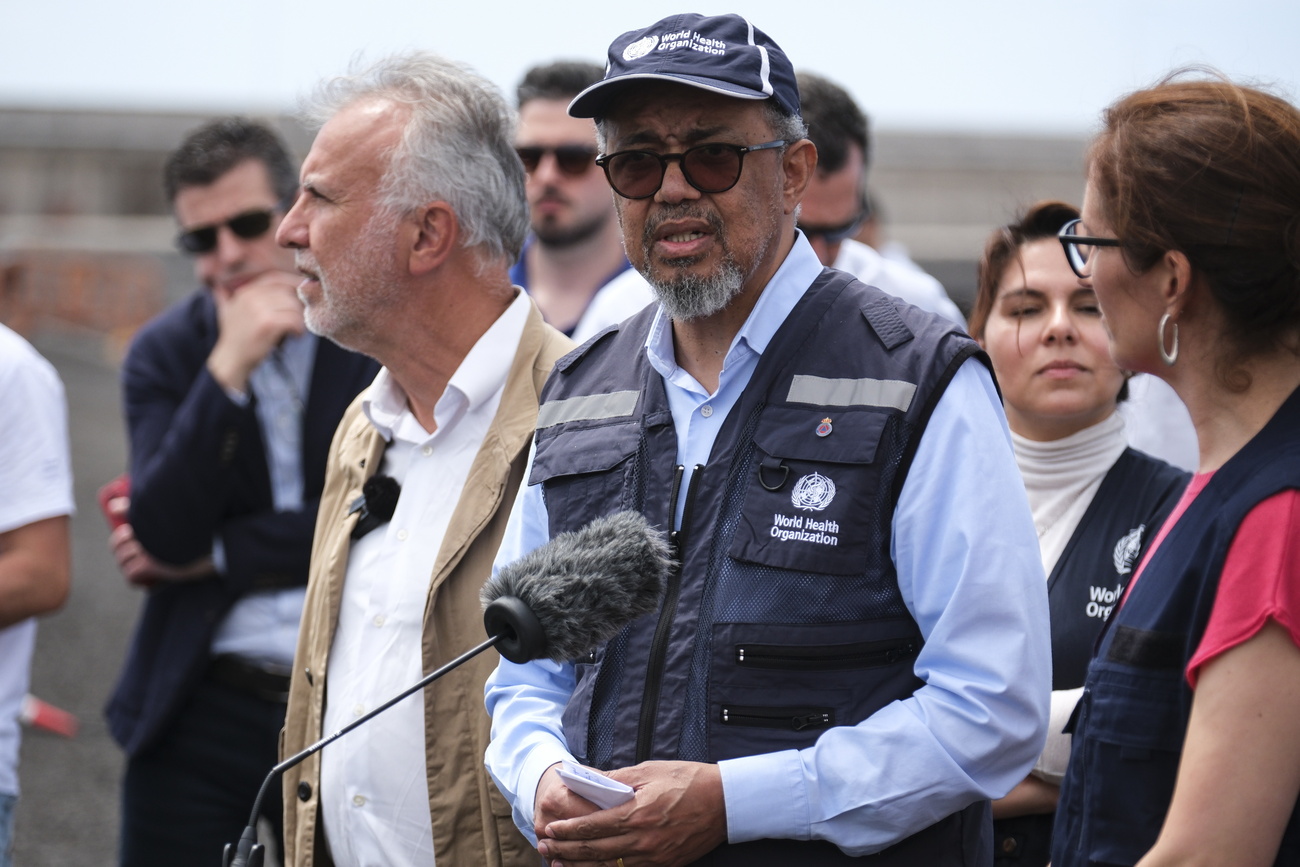 Director-General of the World Health Organization (WHO) Tedros Adhanom Ghebreyesus briefs the media on the disembarkation process of passengers from the MV Hondius cruise ship at the port of Granadilla de Abona, Tenerife, Spain, 10 May 2026.
