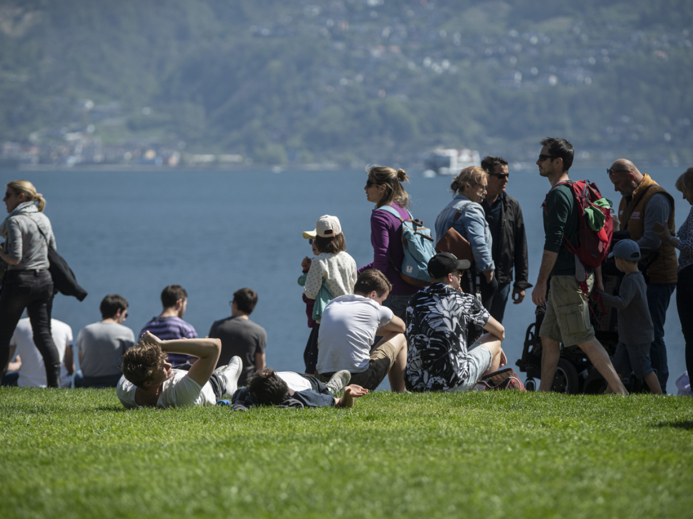 persone si godono il sole su un prato di frotne a un lago