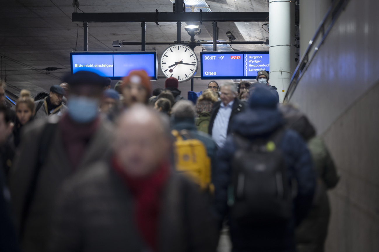 A crowded train station.
